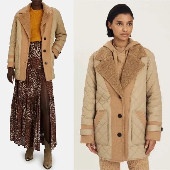 DEREK LAM 70s Reversible Wool Blend Quilted Faux Shearling Oversized Barn Coat 6 - Picture 6 of 17